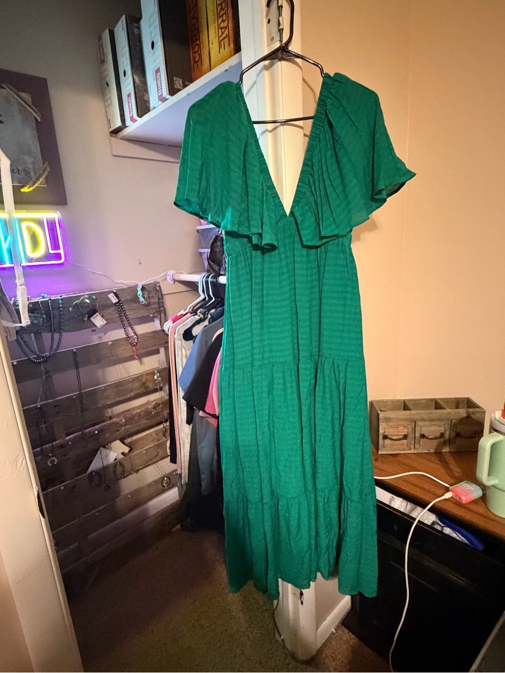 Willow Emerald Green V-Neck Tiered Midi Dress